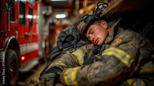 firefighter sleeps on a wooden bench, still in incomplete gear. industrial fatigue concept. World Sleep Day photo
