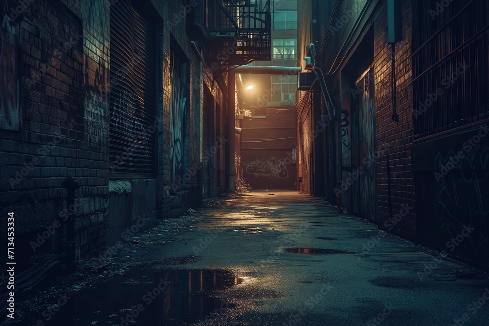 Nightfall Elegance in the Alley. Dark urban decay with captivating graffiti tales. Atmospheric cityscape. Generative AI