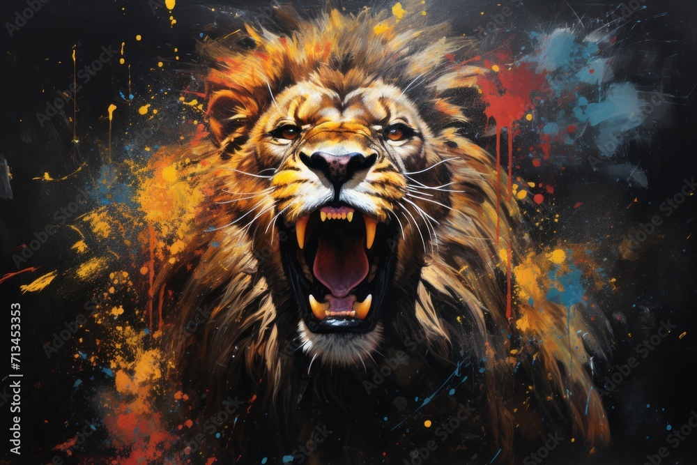  a painting of a lion with its mouth open and it's mouth wide open with it's mouth wide open.