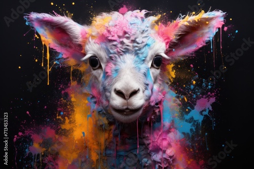  a close up of a sheep's face with colored paint on it's face and a black background.