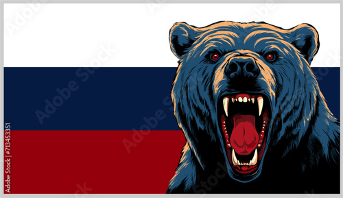 Vector design for t-shirt. 
Ferocious bear
against the background of the Russian flag. 
Fashionable print for fabric, paper, men clothing,
hoodie, biker jacket.