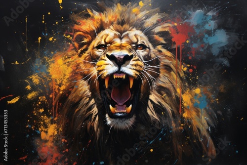  a painting of a lion with its mouth open and it's mouth wide open with it's mouth wide open.