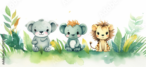 watercolor illustration cute baby safari animals sit on green grass and tropical leaves © Zeeshan