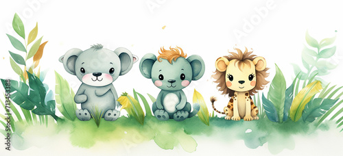 watercolor illustration cute baby safari animals sit on green grass and tropical leaves