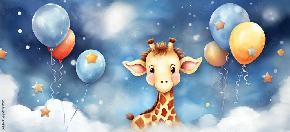 watercolor illustration cute baby giraffe on cloud with balloons and stars