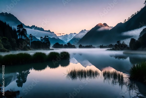 Dawn unfolding over Lake Matheson, the calm waters reflecting the pastel hues of the morning sky, with mountains disappearing into the soft embrace of fog. © Waqas