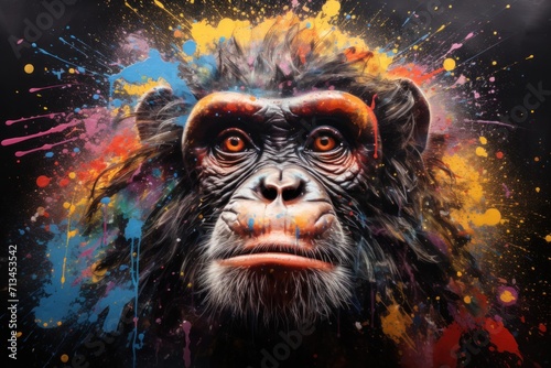  a close up of a monkey's face with paint splatters all over it and a black background.