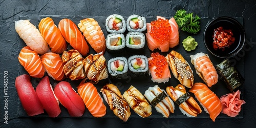 Wallpaper Mural Incredibly delicious set of sushi and rolls, a variety of fish, raw fish, avocado, wasabi, soy sauce, sesame seeds, chopsticks, Japanese food. Torontodigital.ca