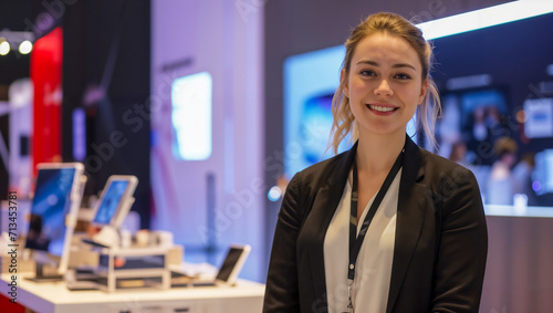 A young woman smiling at the camera at a consumer electronics trade show photo