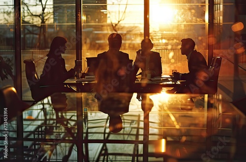 Silhouetted figures of a professional team engaged in a discussion, backlit by the golden light of sunset through a glass pane.