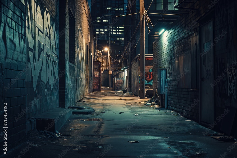Fototapeta premium Midnight Graffiti Chronicles: Urban Decay Aesthetics. Nighttime back alley with artistic expressions on worn walls. Cityscape allure. Generative AI