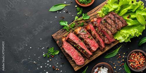Fototapeta Naklejka Na Ścianę i Meble -  Tender juicy steak cut into slices with herbs and spices on a wooden plate, barbecue, grill, meat, wallpaper, background.