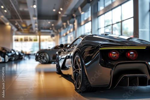 Premium black sports cars in modern dealership showroom with huge windows