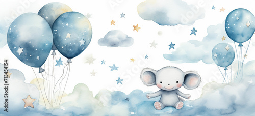 watercolor illustration cute baby animals on cloud with balloons and stars