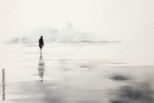  a black and white photo of a person walking on a beach with smoke coming out of the back of their head.