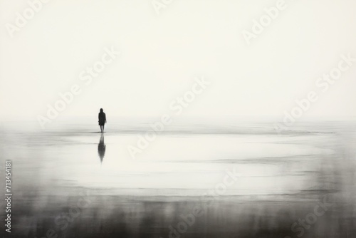  a black and white photo of a person standing in the middle of a large body of water on a foggy day. © Nadia