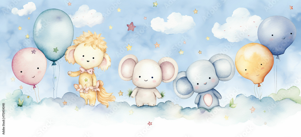 Fototapeta watercolor illustration cute baby animals on cloud with balloons and stars