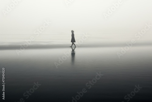  a person walking on a foggy beach in the middle of the day with a black and white photo of a person walking on a foggy beach.