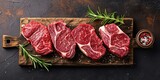 Selected juicy meat ready for cooking steak, fillet, slicing, meat with herbs, rosemary, spices, meat restaurant, background, wallpaper.