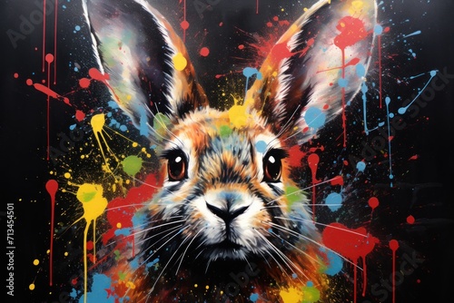  a painting of a rabbit's face with colorful paint splatters on it's face and a black background.
