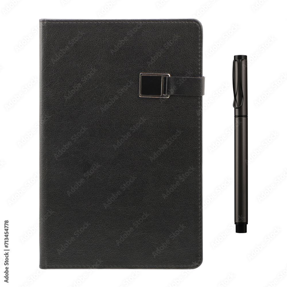 Black agenda and pen over a white background, png isolated background.