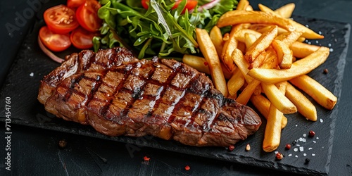 Incredibly delicious juicy medium rare steak with side dish, potatoes, fresh, stewed vegetables, sauce, grilled meat, background, template, wallpaper.