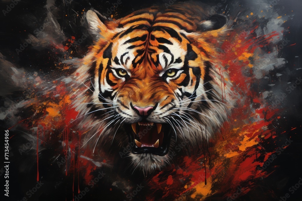  a painting of a tiger with it's mouth open and it's mouth wide open and it's mouth wide open.