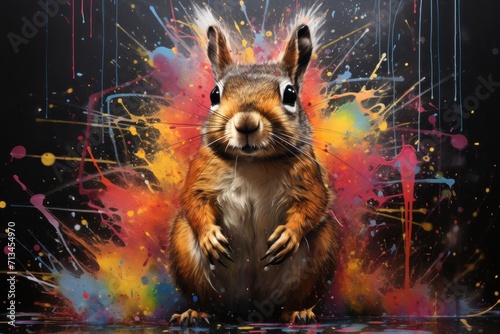  a painting of a squirrel with paint splatters all over it's body and face, with a black background.