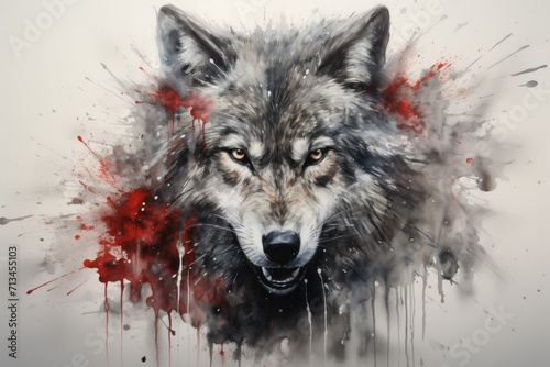Wallpaper Mural  a painting of a wolf with red paint splatters on it's face and a black and white background. Torontodigital.ca
