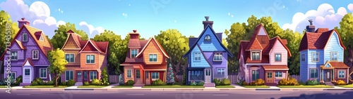 cartoon neighborhood with colorful houses Generative AI photo