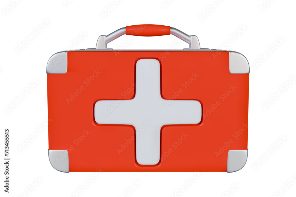 Fototapeta premium 3d red suitcase first aid kit. Medical icon. Cartoon style. Front view. Gradient mesh. Stock vector illustration on isolated background.