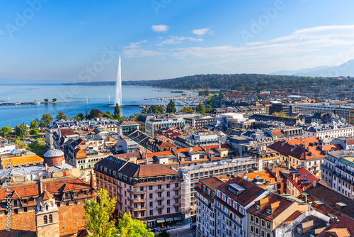 Geneva, Switzerland Cityscape Overlooking the Lake and Fountain photo