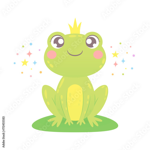 Cute green smiling frog. Little Frog princess with crown sitting on hummock. Funny cartoon character. Happy childish animal for birthday card, poster, print, kid clothing, design template. Vector