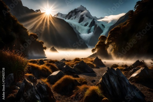 Sunlight piercing through the fog, revealing the majestic peaks surrounding Westland District's Fox Glacier © Waqas