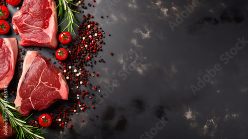 Slice raw beef steak with rosemary sprigs and black pepper, tomato, and copy space for including text on dark background ai generated image
