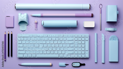 Top view of office desk with Keyboard and office equipment on purple background ai generative image