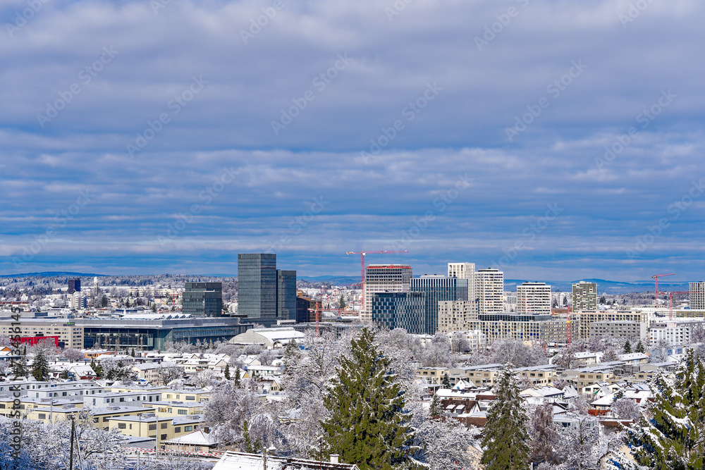 Scenic view of snow covered cityscape of Swiss City of Zürich North on a snowy sunny winter day. Photo taken January 19th, 2024, Zurich, Switzerland.