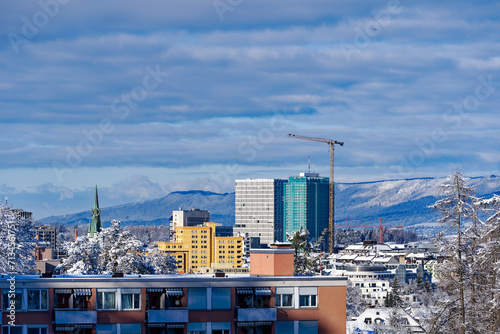 Scenic view of snow covered cityscape of Swiss City of Zürich North on a snowy sunny winter day. Photo taken January 19th, 2024, Zurich, Switzerland.