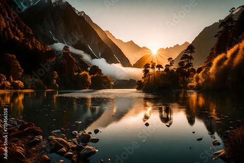 A cinematic scene unfolds in Westland District as the sunrise bathes Fox Glacier and Lake Matheson in warm hues  creating a magical atmosphere with misty mountains.