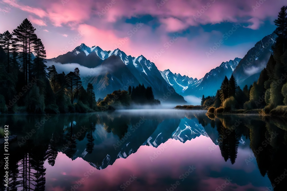 Lake Matheson in the early hours, its still waters reflecting the dreamy colors of the sky, while mountains rise mysteriously through the fog.