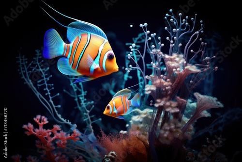 a pair of clown fish swimming in an aquarium with corals and seaweed on the bottom of the tank.