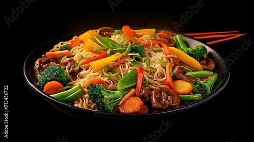 Delicious fried yakisoba noodles in a black bowl