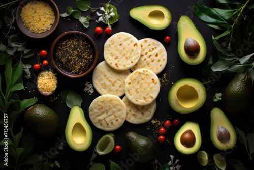  avocados, cheese, and other ingredients are laid out on a black surface with green leaves and red berries.