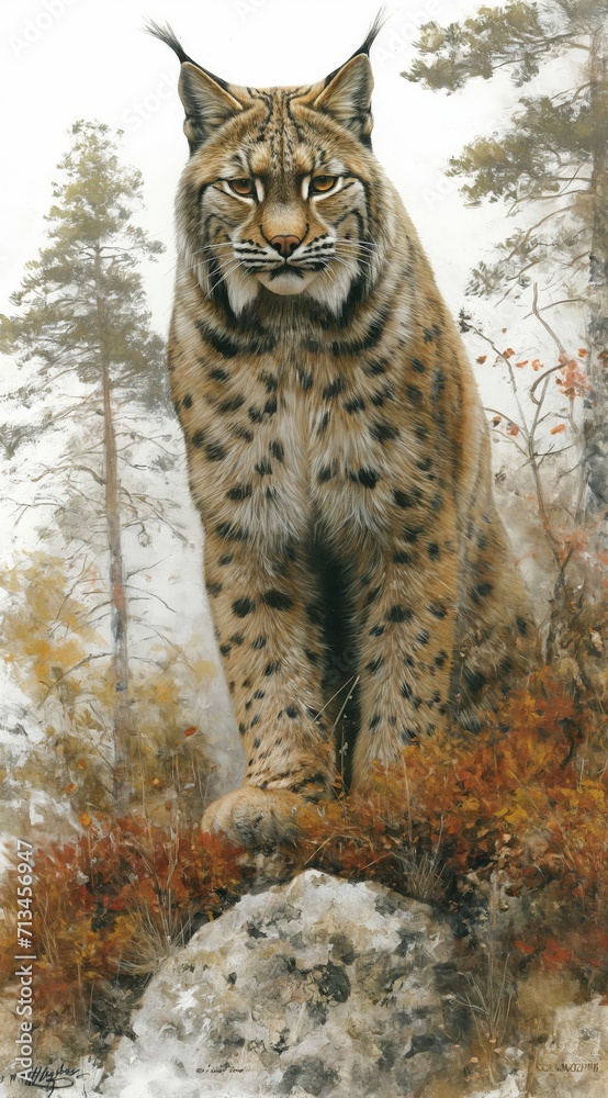 Fototapeta premium lynx in the forest and in mountainous landscape. created by ai