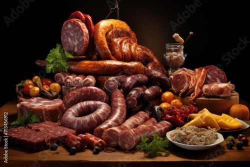  a table topped with lots of different types of meats and meats on top of a wooden cutting board. © Nadia