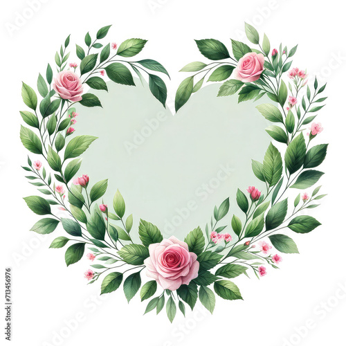 heart-shaped watercolor greenery floral frame featuring pink roses and hand-painted leaves
