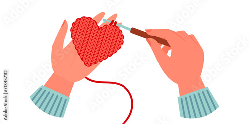 Red knitted heart. Knit Heart crochet for Valentine's Day. Cartoon vector illustration of hands knitting red heart decoration. Female hands holding red heart with crochet hook.