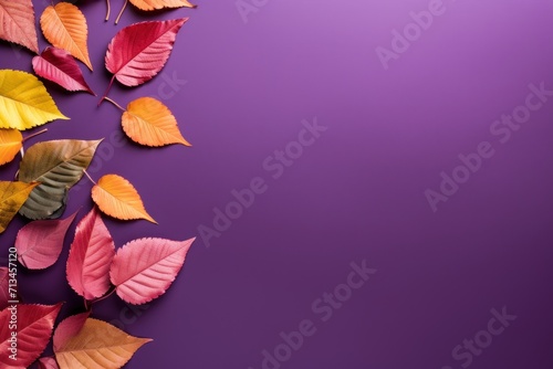  colorful autumn leaves on a purple background with copy - up space for text or image with copy - up text.