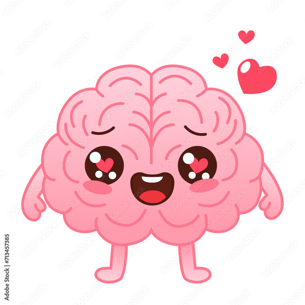 Cute pink colored brain character in love and hearts on a white background. Flat style cartoon brain character design. Vector mascot illustration human organ icon design Cute pink colored brain character in love and hearts on a white background. Flat style cartoon brain character design. Vector mascot illustration human organ icon design
