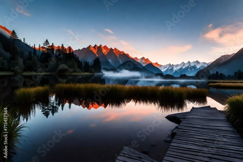Dawn unfolding over the reflective waters of Lake Matheson, capturing the tranquil beauty of Westland District